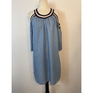 Crown & Ivy Shift Dress XS Cold Shoulder V Neck Chambray Blue Pink
